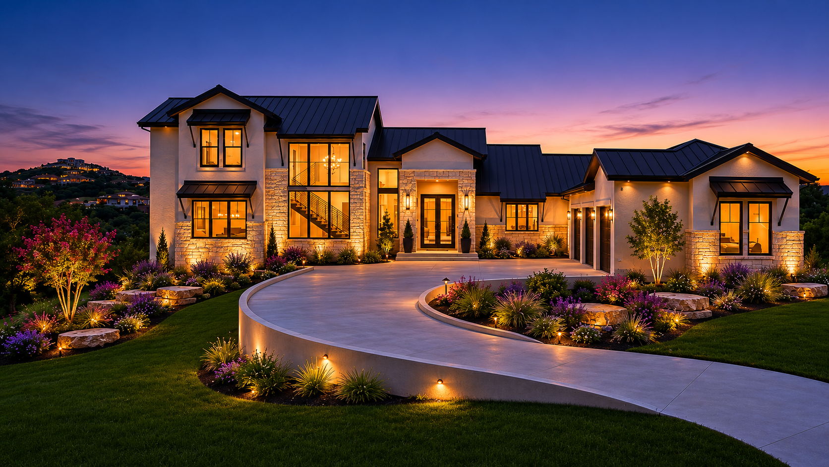 Bright luxury stone estate with landscaped grounds