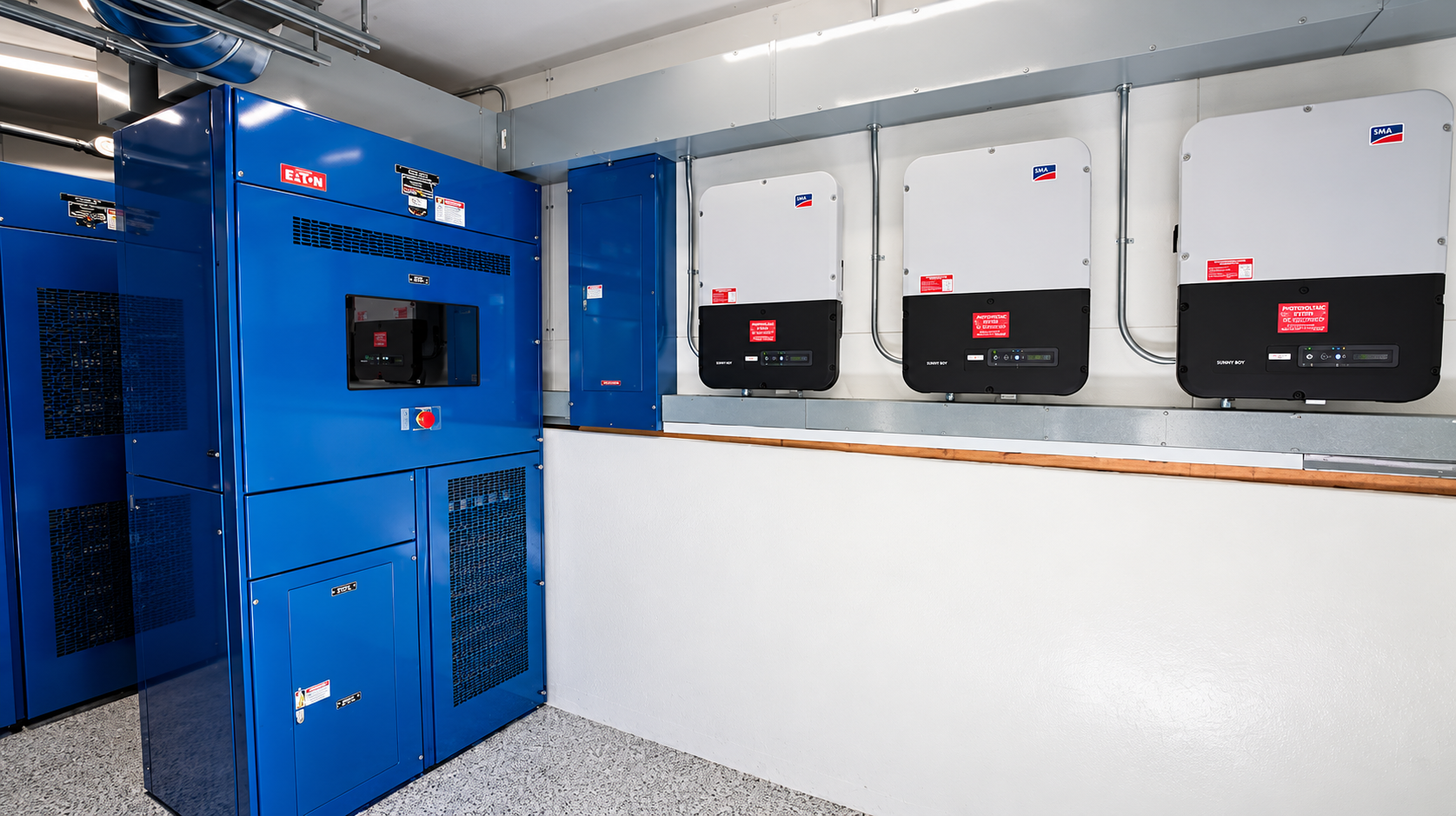 Blue EATON electrical cabinet and SMA Sunny Boy solar inverters in a residential utility room