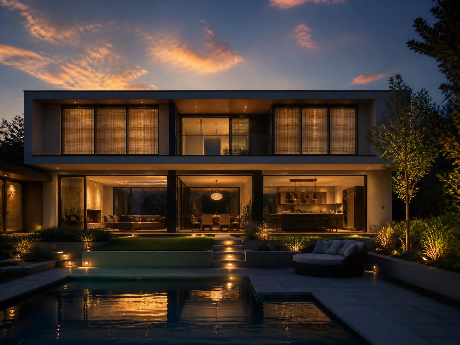 Home at dusk with coordinated interior and landscape lighting