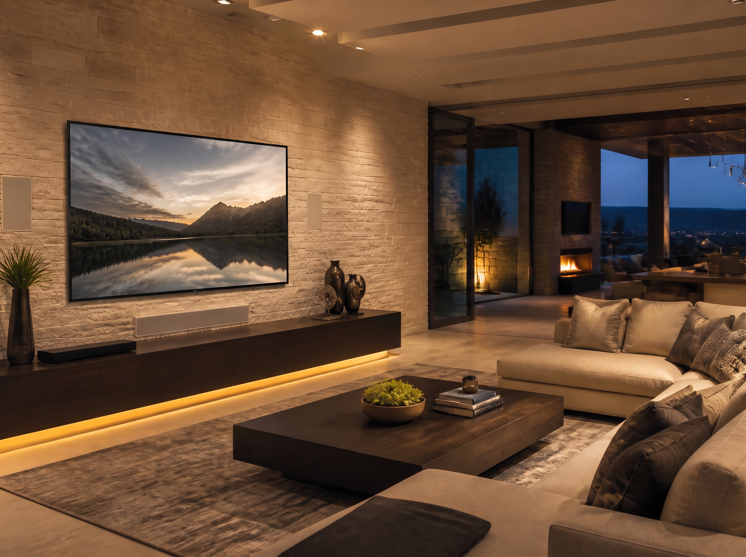 Great room with wall-mounted display and architectural speakers