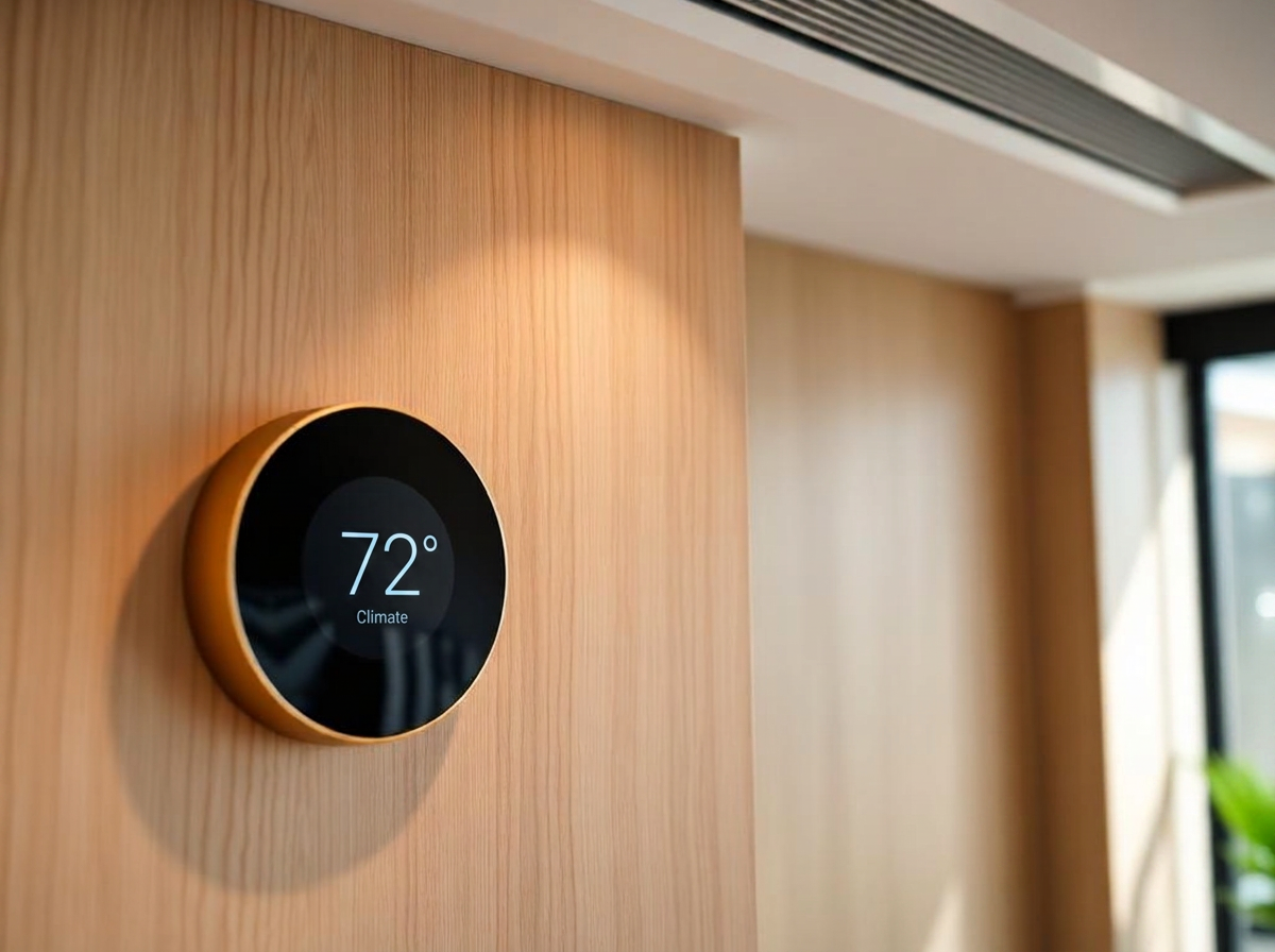 Sleek smart thermostat on the wall of a modern luxury living room with discreet ceiling vent
