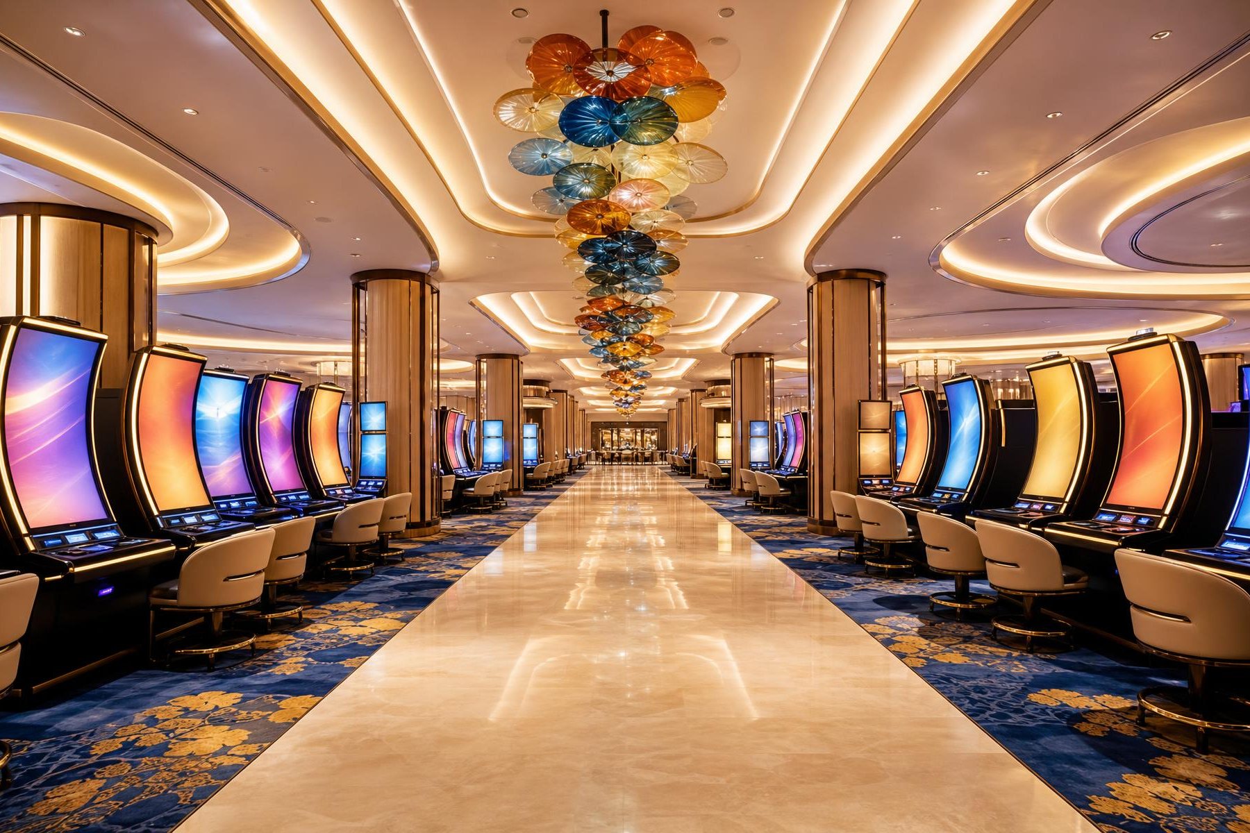 An empty casino gaming floor lit by slot machines and low ceiling lights.