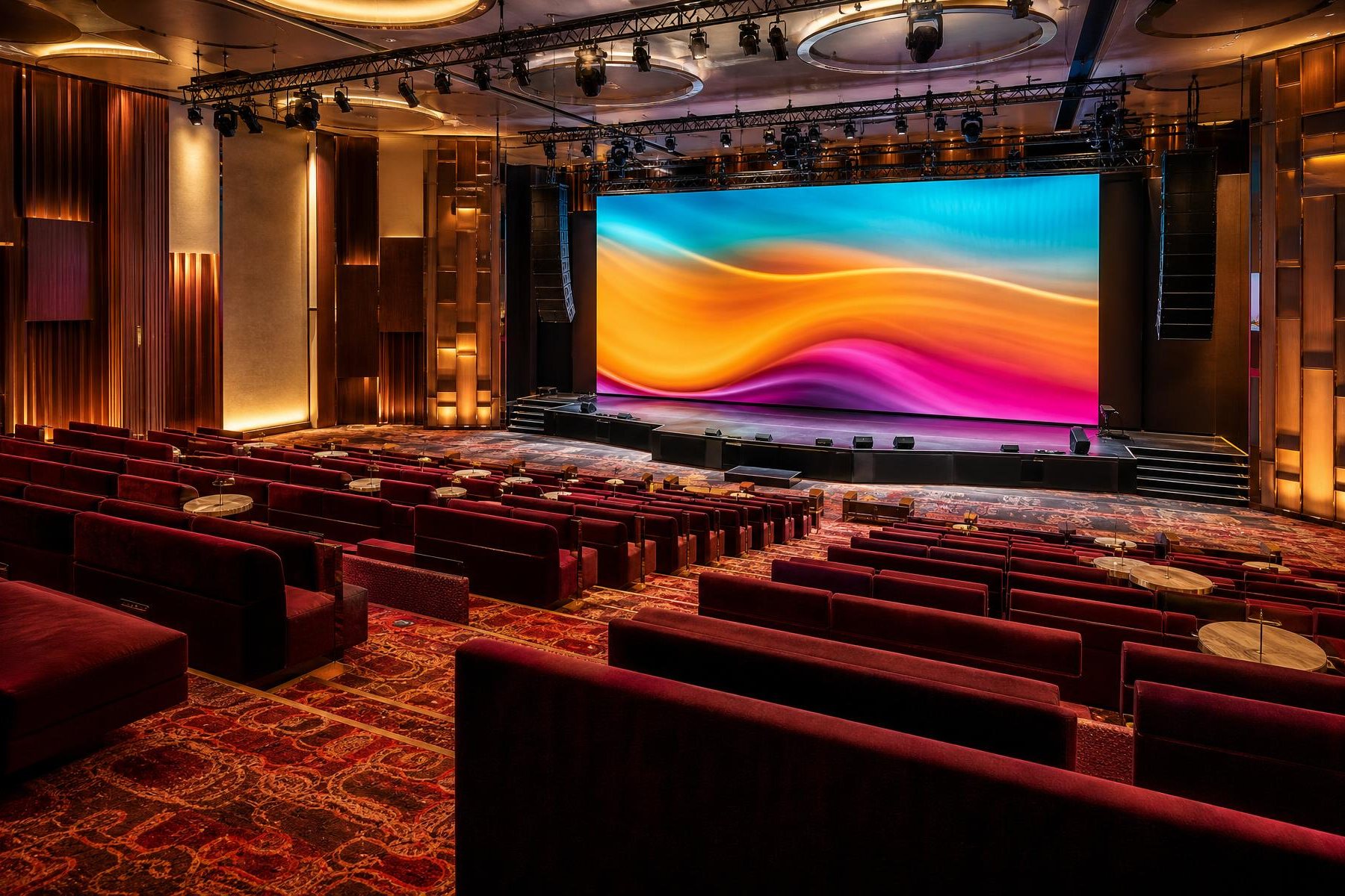 An empty event venue with line-array speakers hung over the stage.