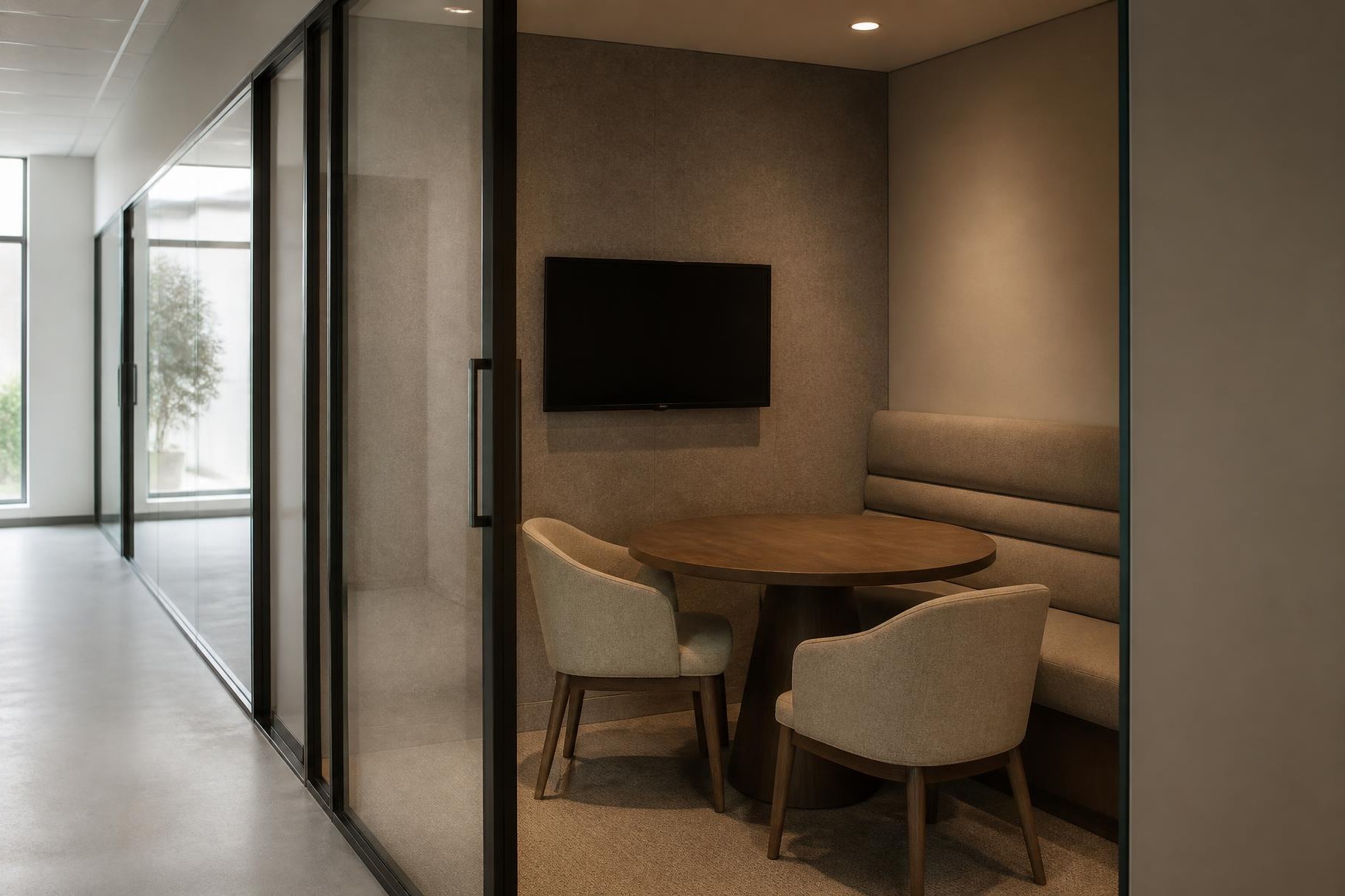 A small huddle room with a single display and a table microphone