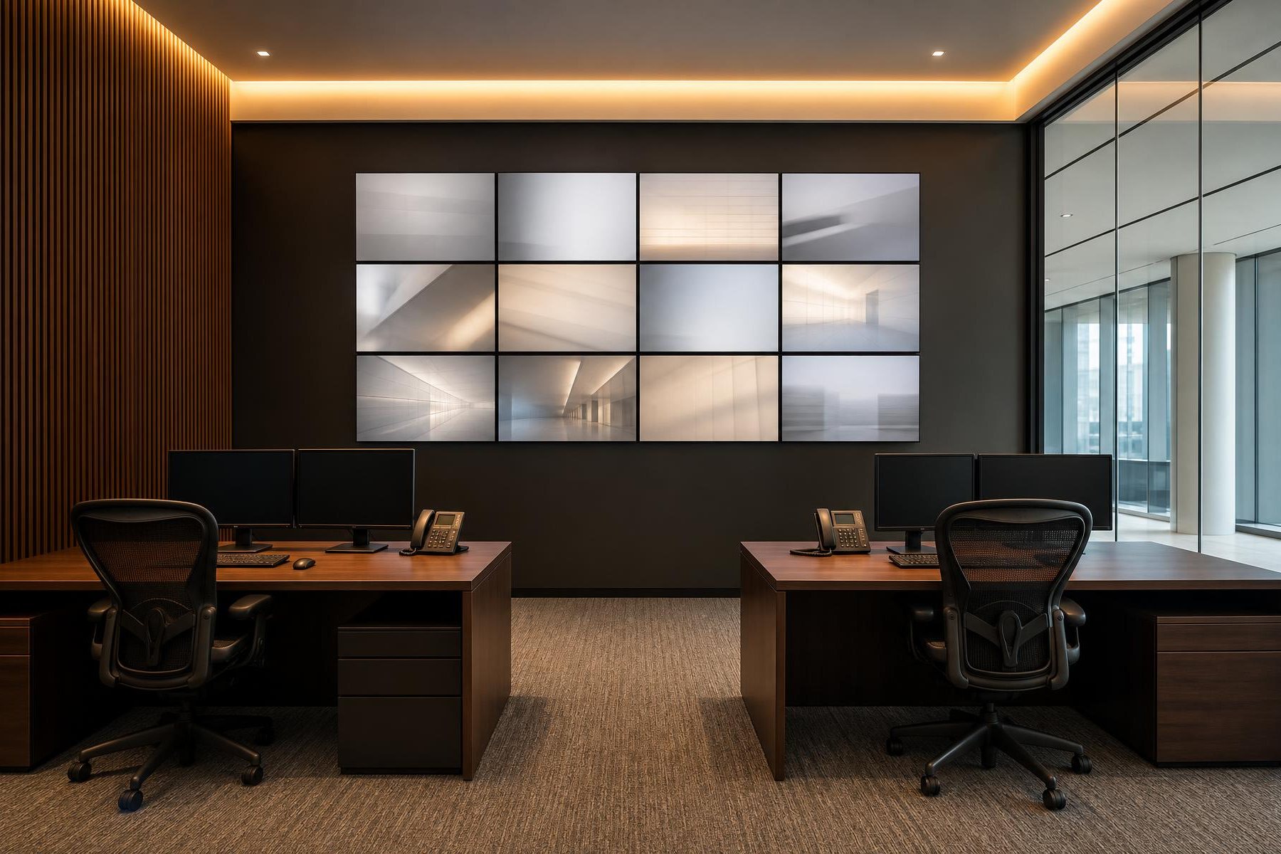 A wall of surveillance monitors in a security operations room.