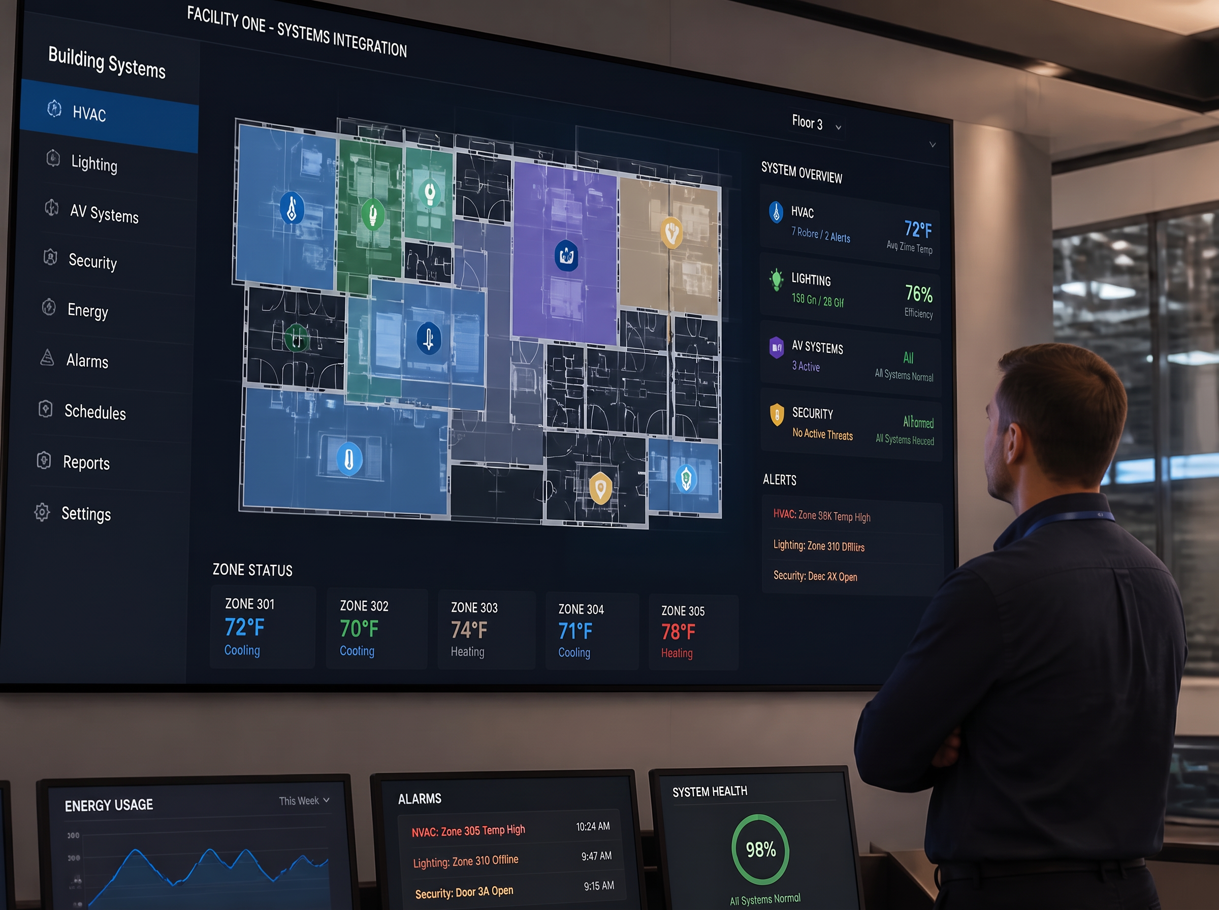 Facility operations dashboard showing integrated building systems