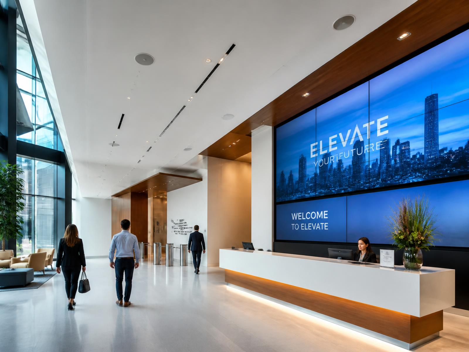 Corporate lobby with digital signage video wall and distributed audio