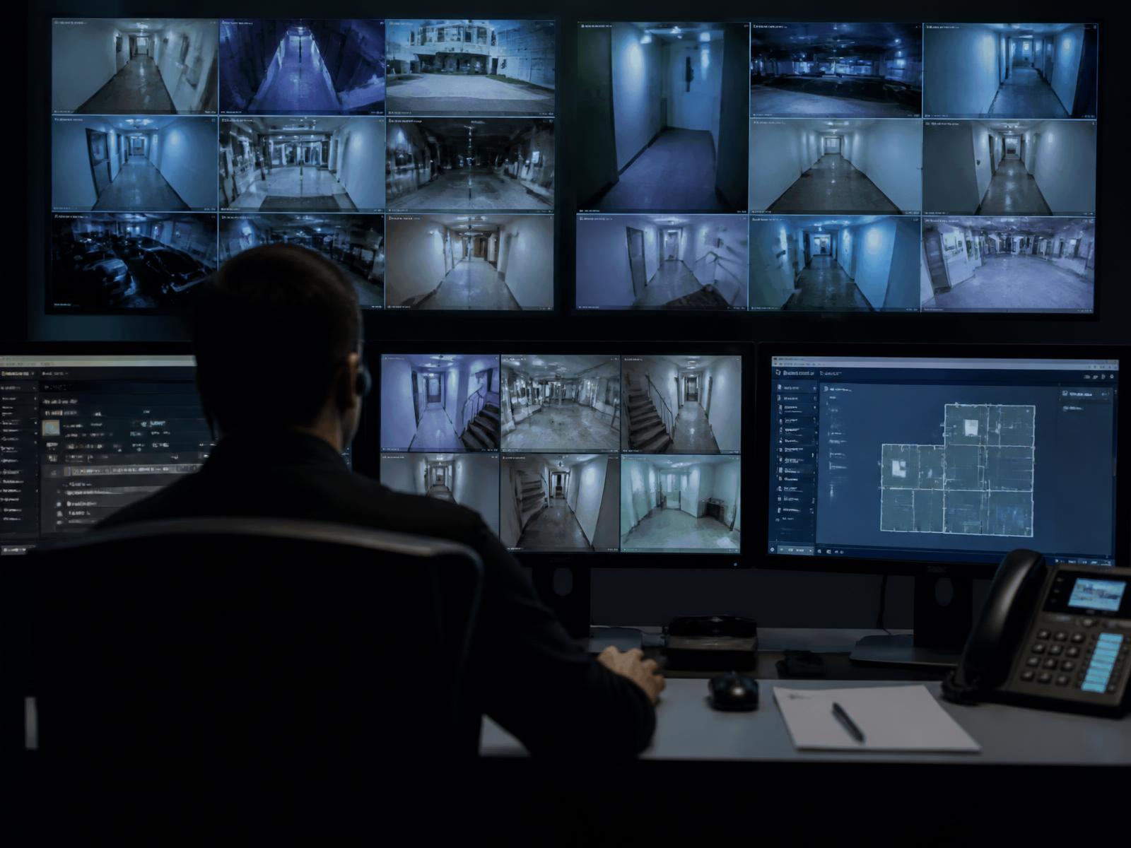 Security operations desk with a wall of live camera feeds