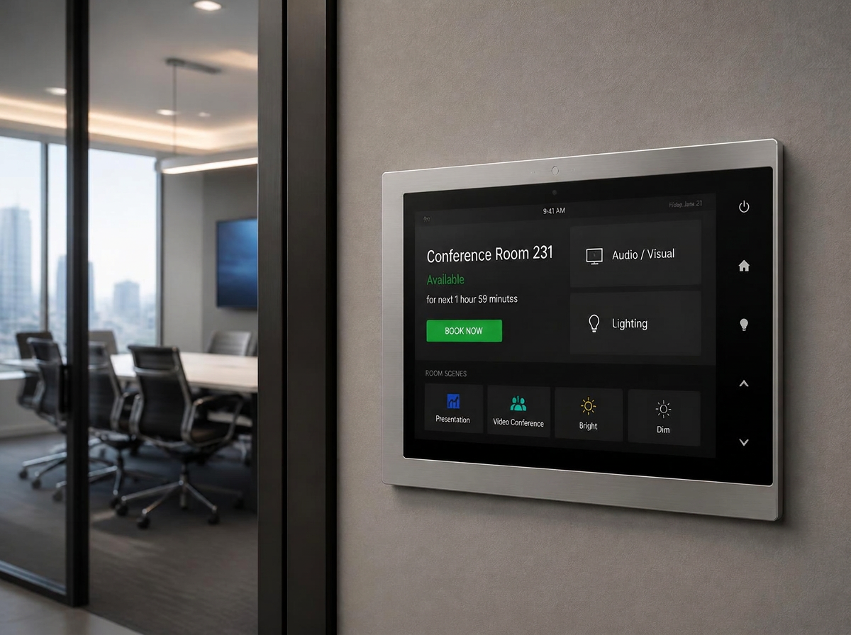 Wall-mounted commercial touch panel outside a meeting room