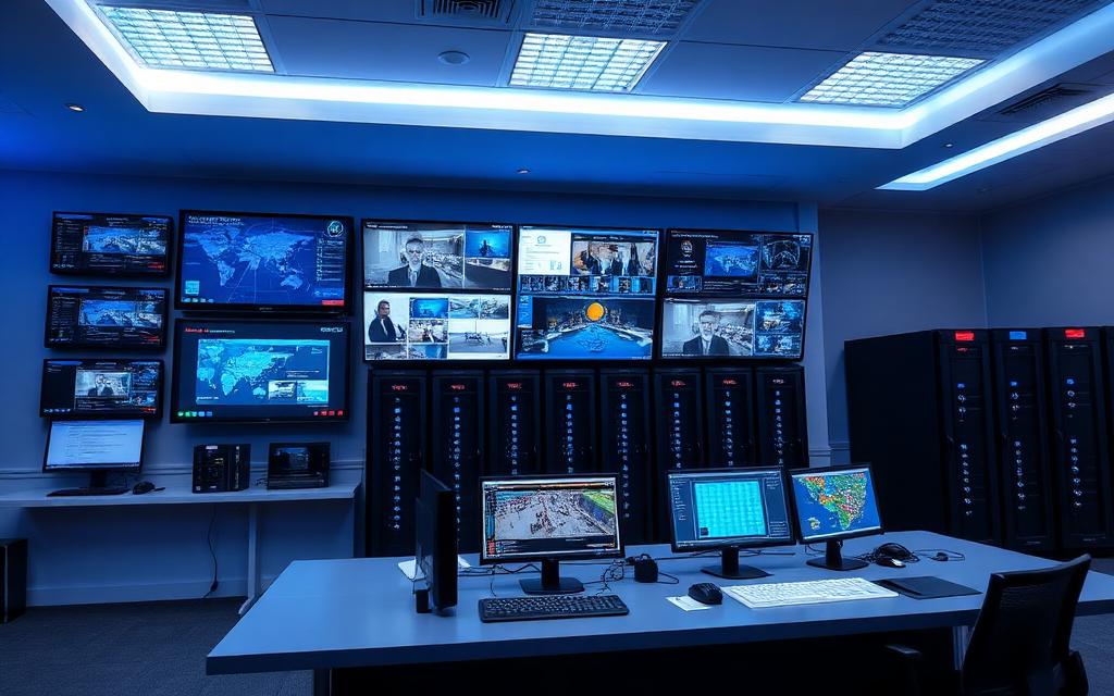 Commercial security operations center with alarm dashboards and access control monitors