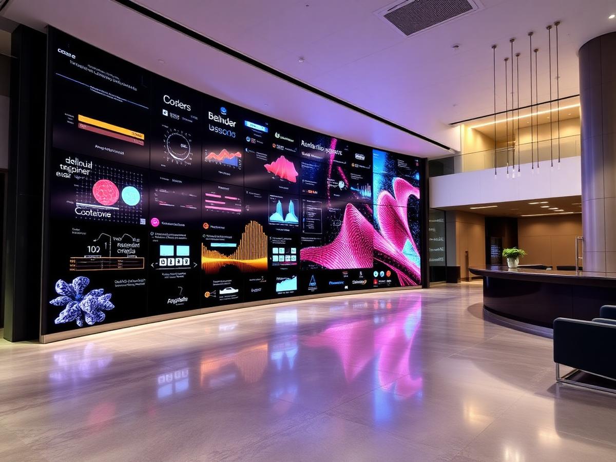 Direct-view LED video wall in a corporate lobby showing data visualization