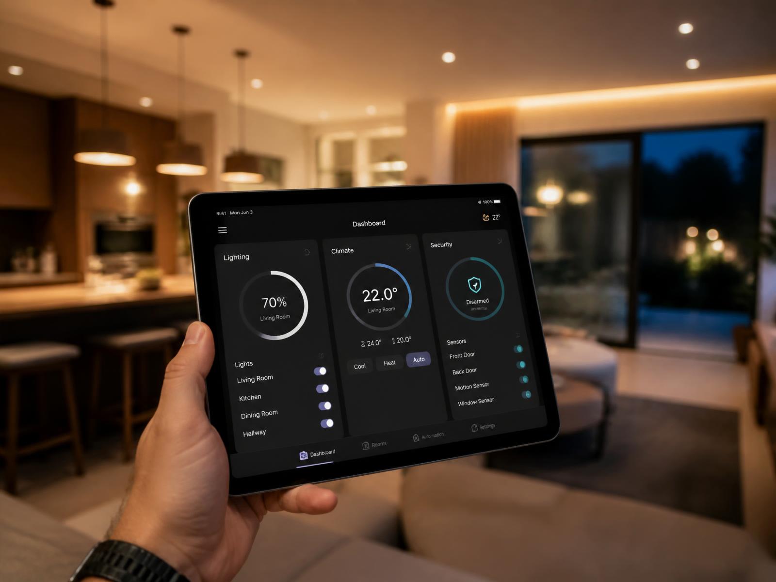 Home control tablet showing lighting, climate and security