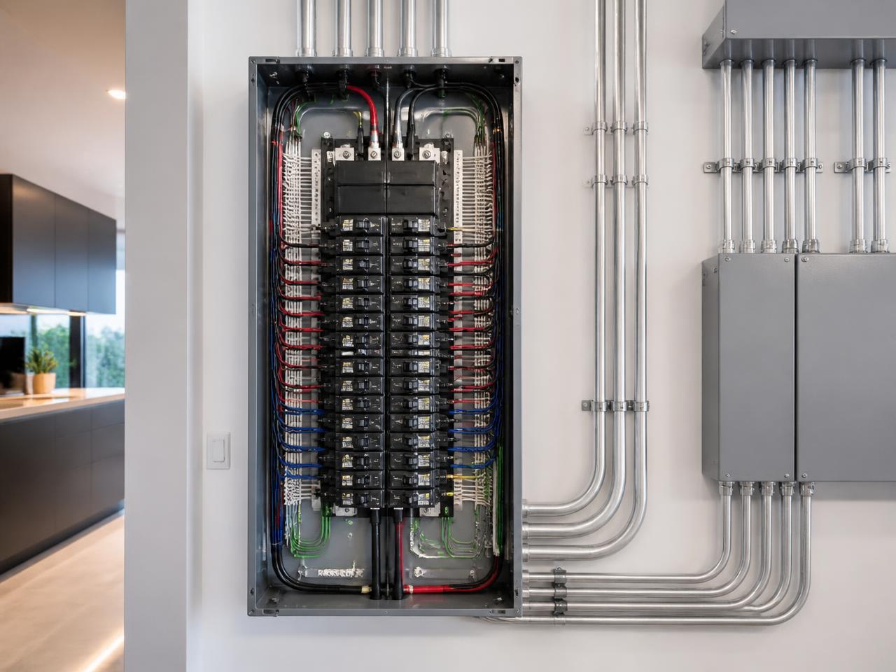 Neatly wired residential electrical panel with labeled breakers and conduit