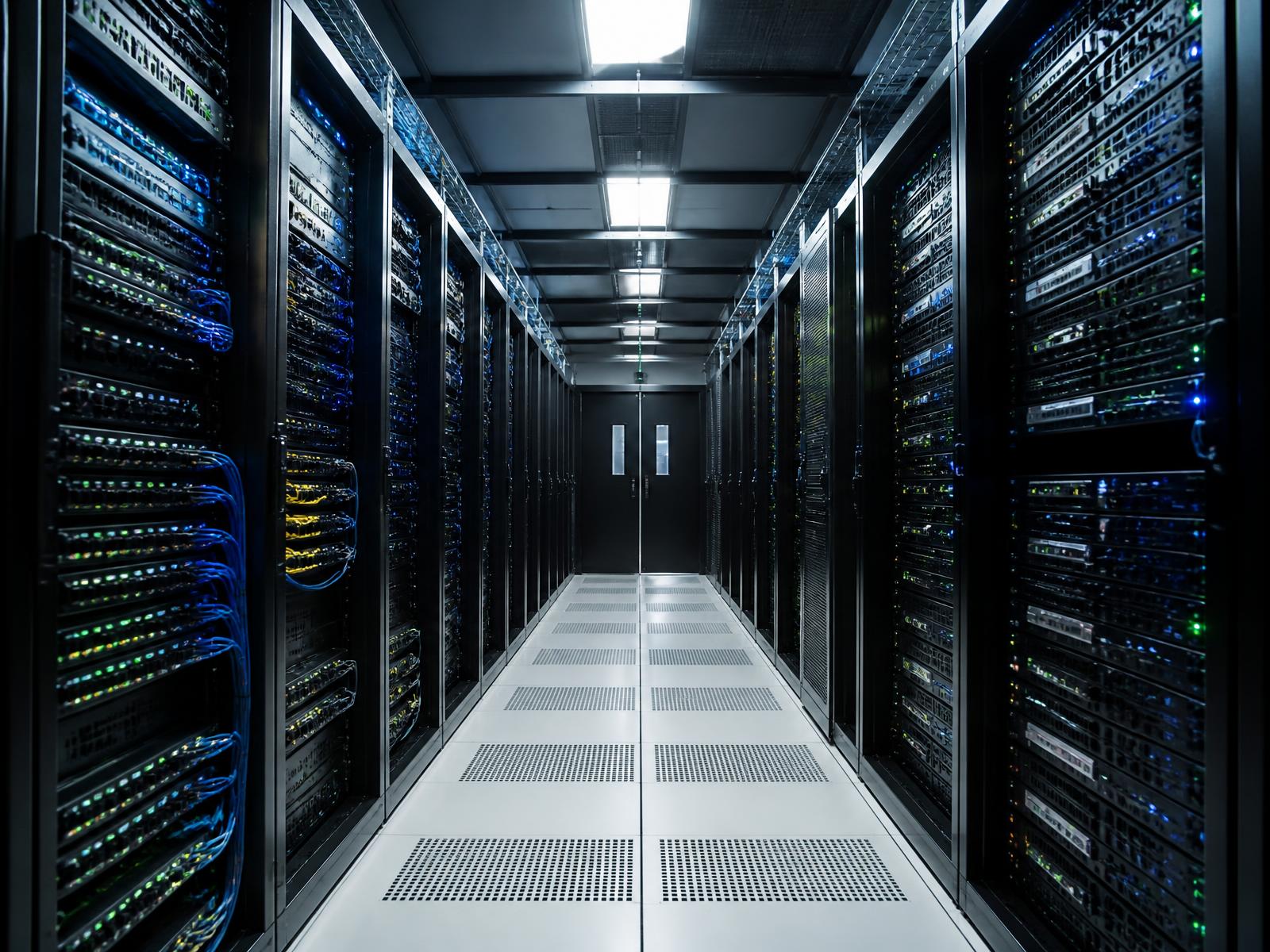 Enterprise server room with rows of network racks