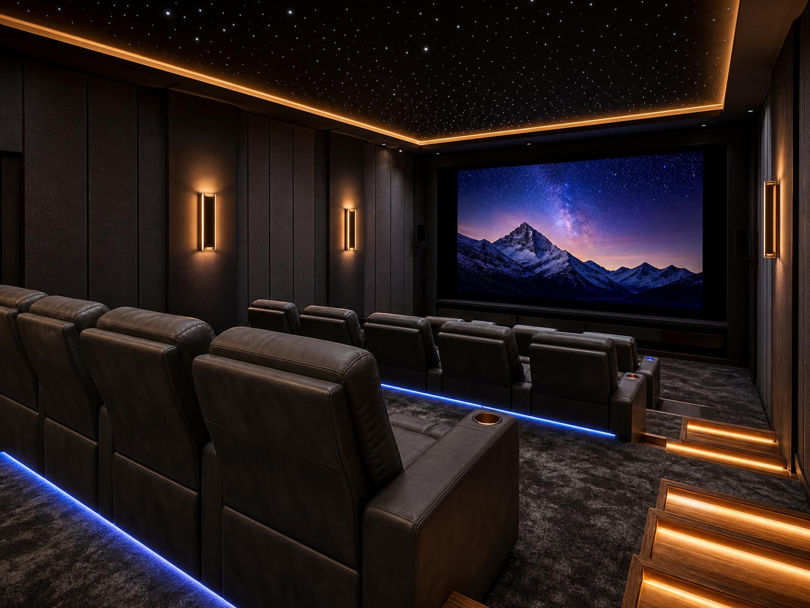 Private home theater with tiered recliner seating and large screen