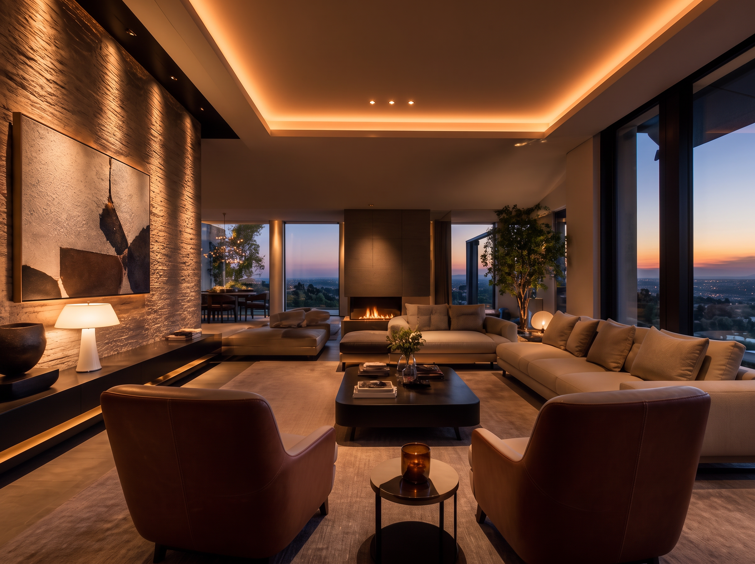 Layered architectural lighting design in a luxury living space