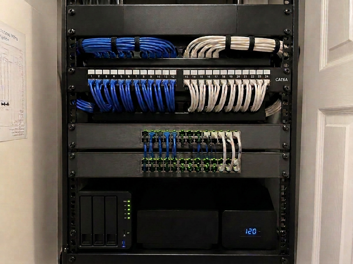 Structured wiring rack with patch panel and managed switches