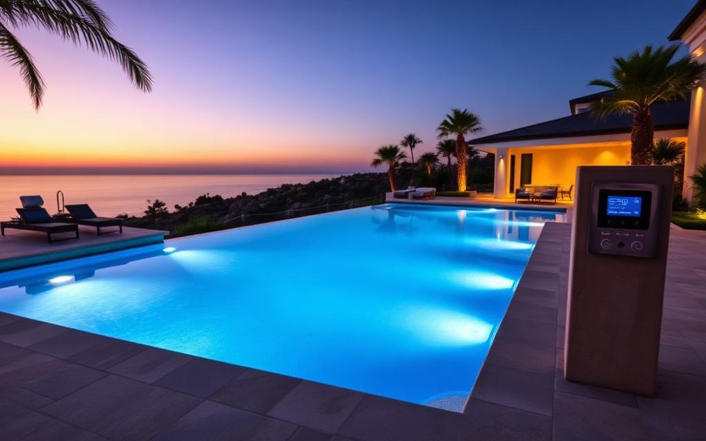 Luxury backyard infinity pool at dusk with smart pool automation control