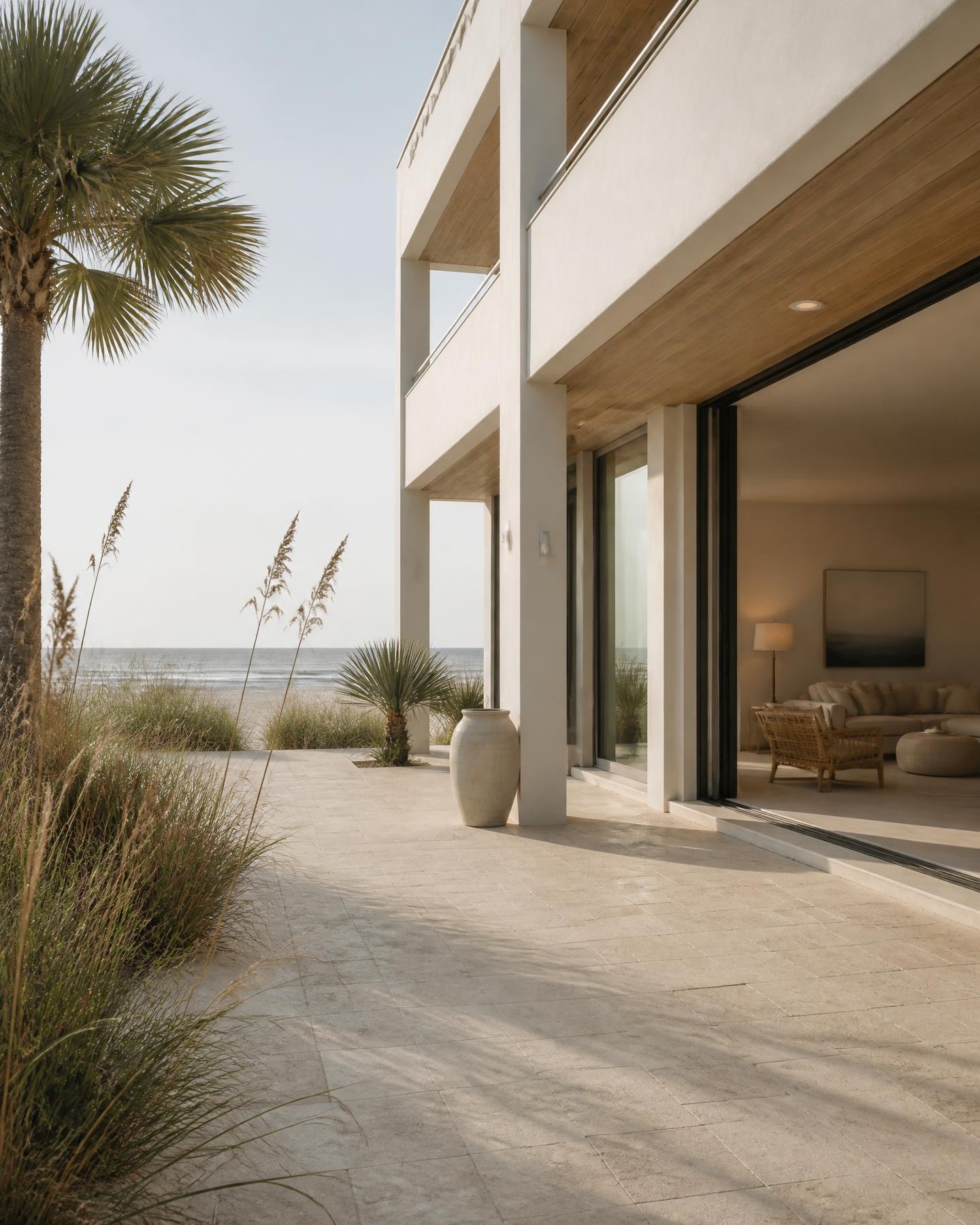 A white stucco loggia on the Florida gulf coast.