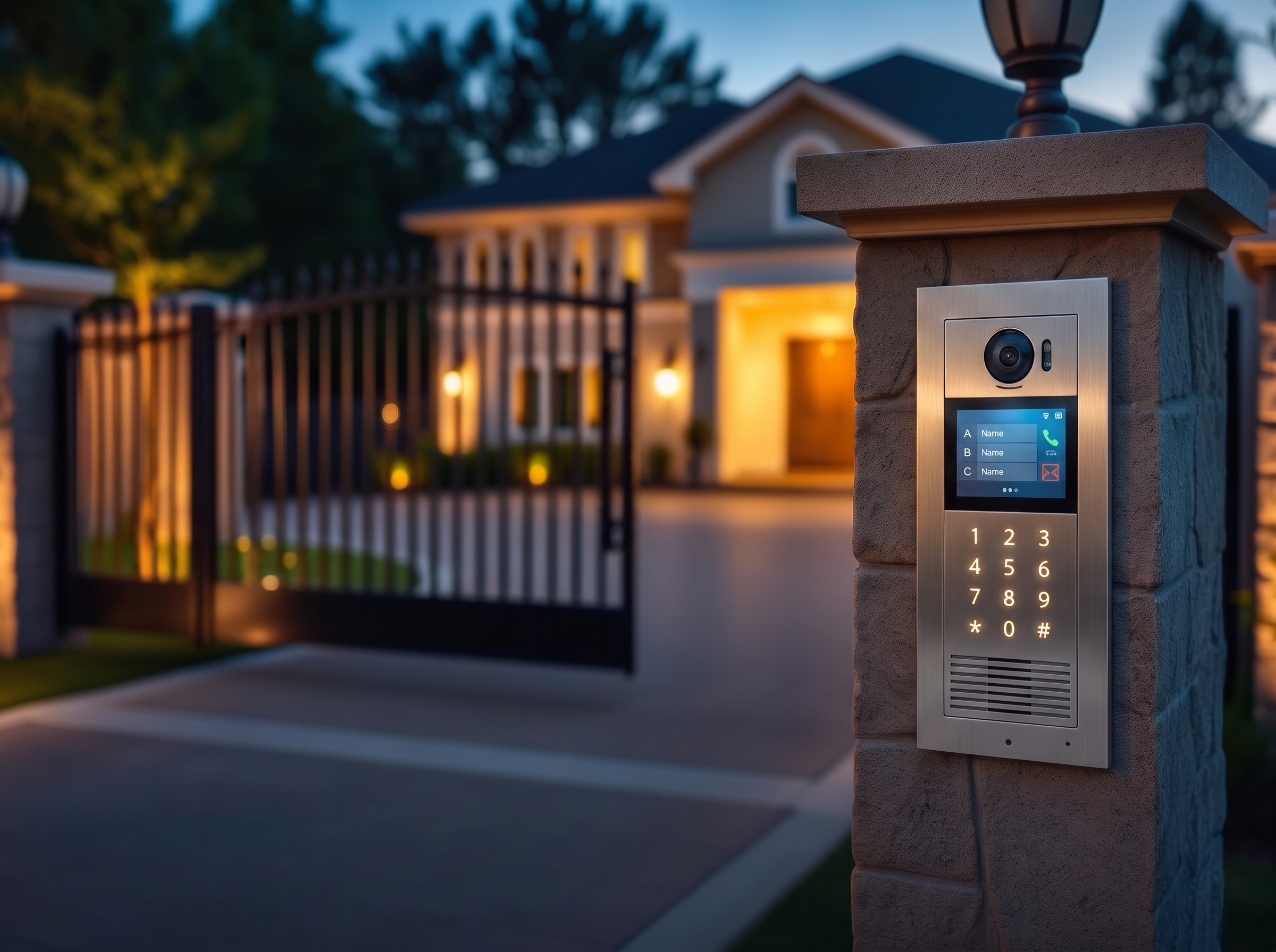 Luxury residential driveway gate with stainless steel intercom keypad