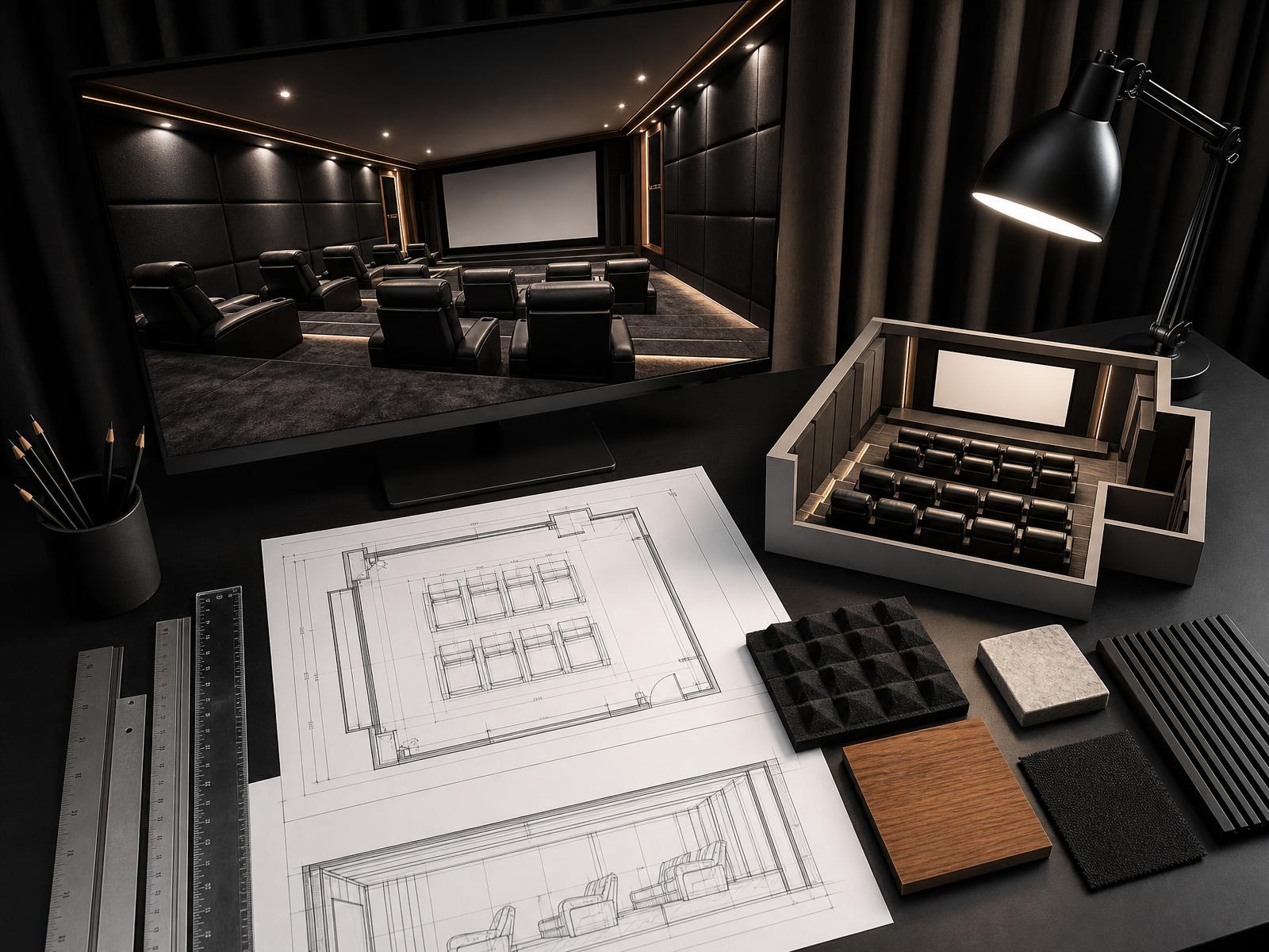 Theater design plans, renderings and acoustic material samples