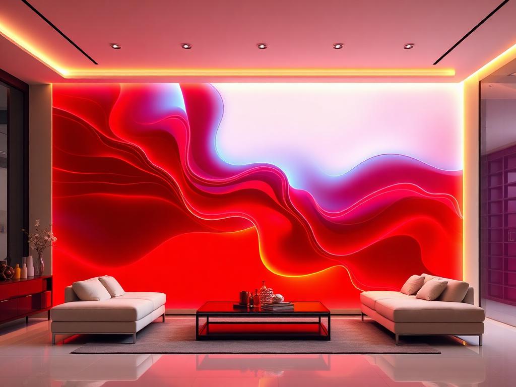 Seamless direct-view LED video wall displaying vibrant art in a living room