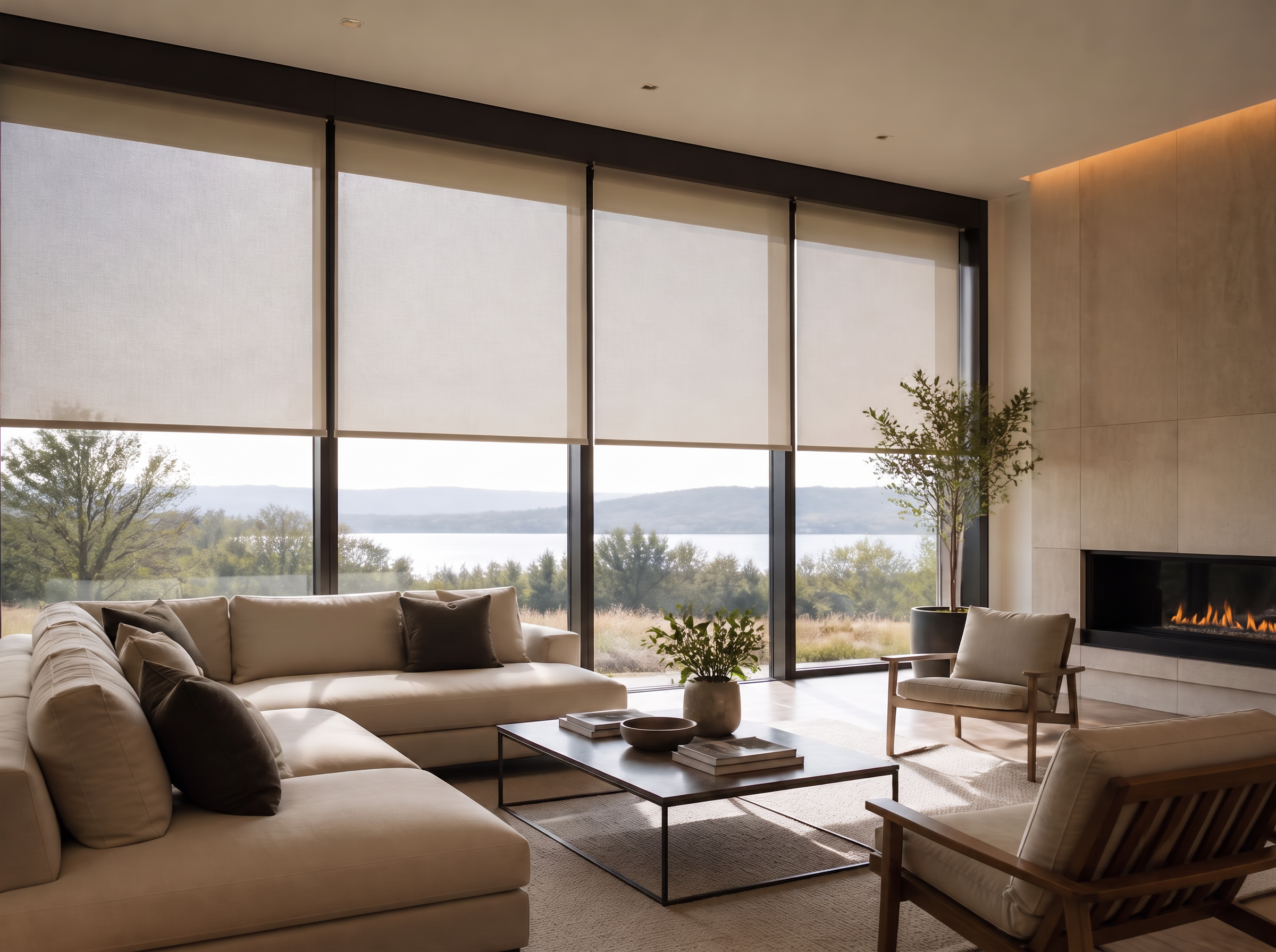 Motorized roller shades across floor-to-ceiling living room windows